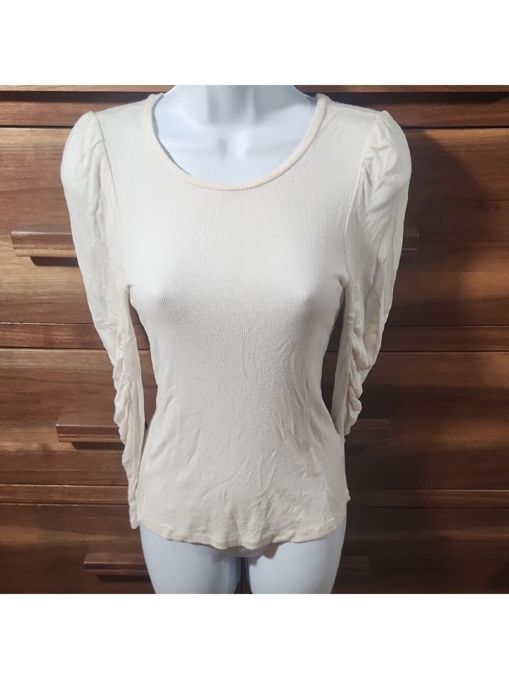 Bar III Cream Round Neck Rouched Casual SMALL Long Sleeve Top